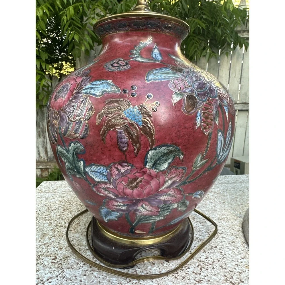 Vintage Cranberry Red Floral Enamel Glass Table Lamp – 26